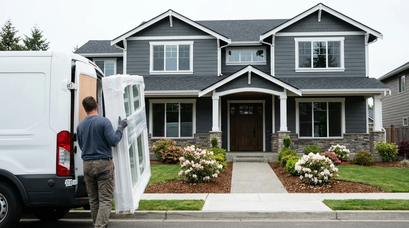 An installer carrying a wrapped new window from a van toward a house.
