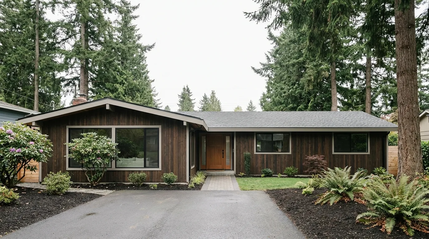 A single-story home with new black fiberglass windows.