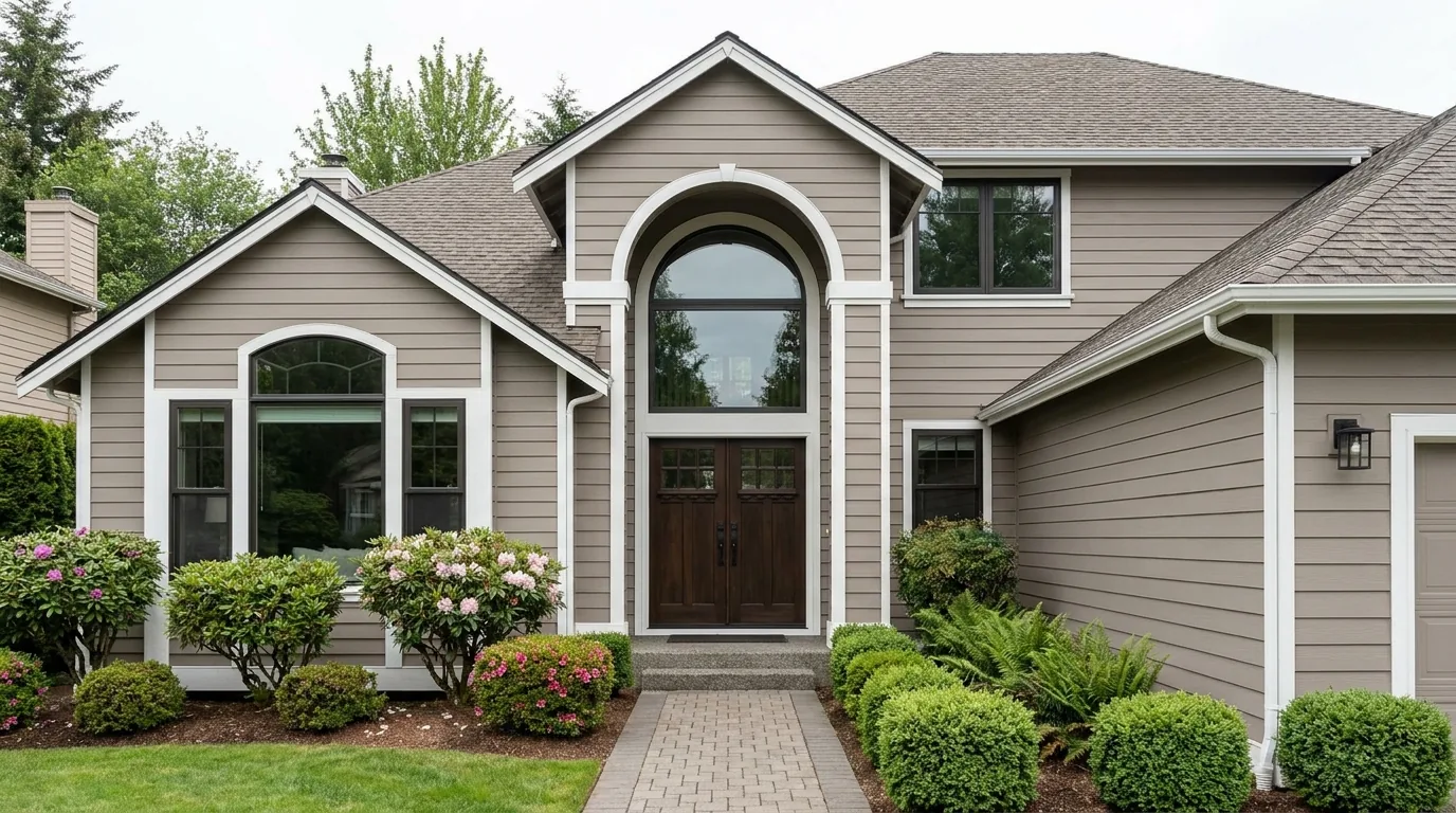 A two-story home with a tall entry window and new fiberglass windows.