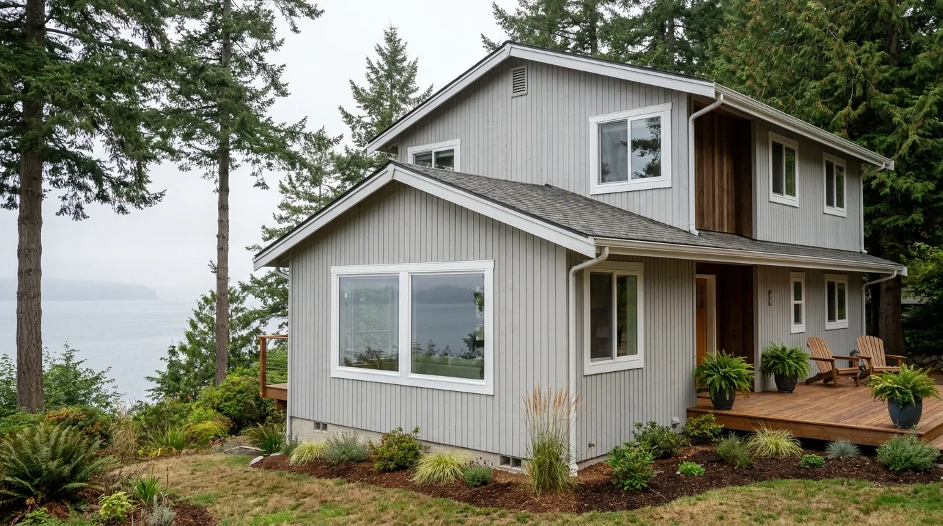 A two-story home above the water with new white vinyl windows.
