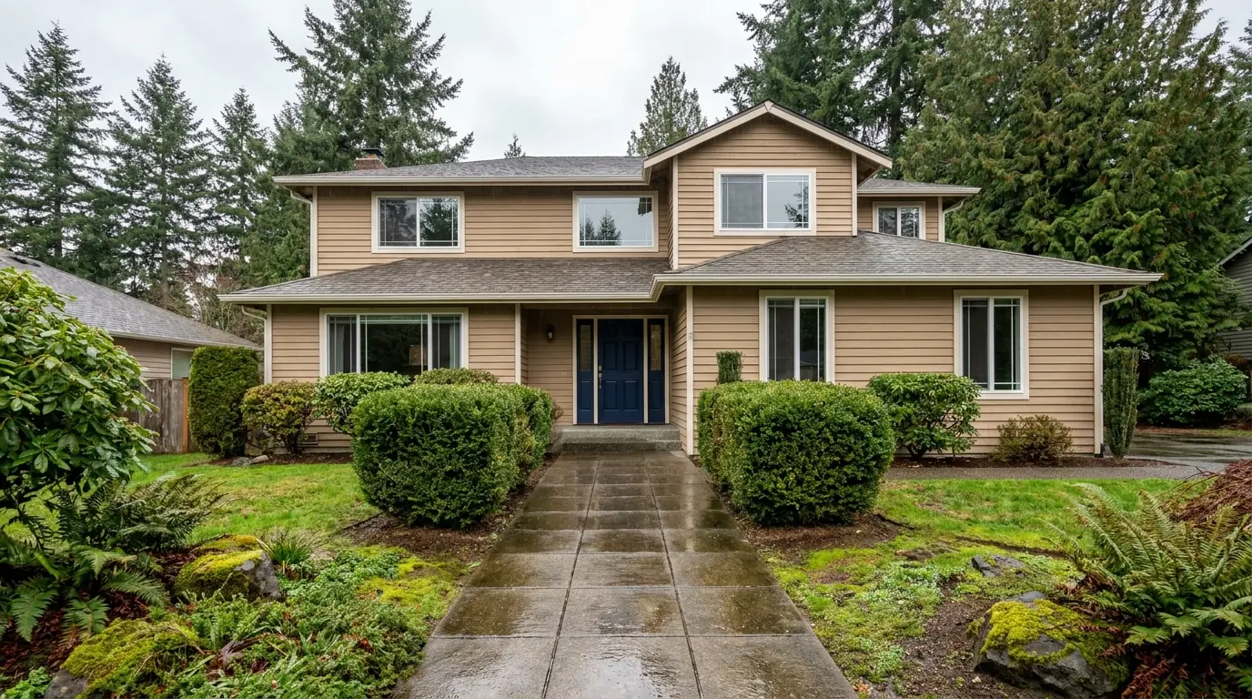 A two-story home with new white windows and a navy front door.