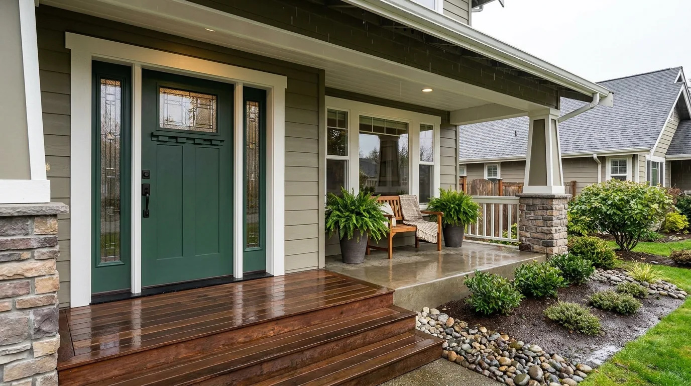 A deep green fiberglass front door with a single sidelight.