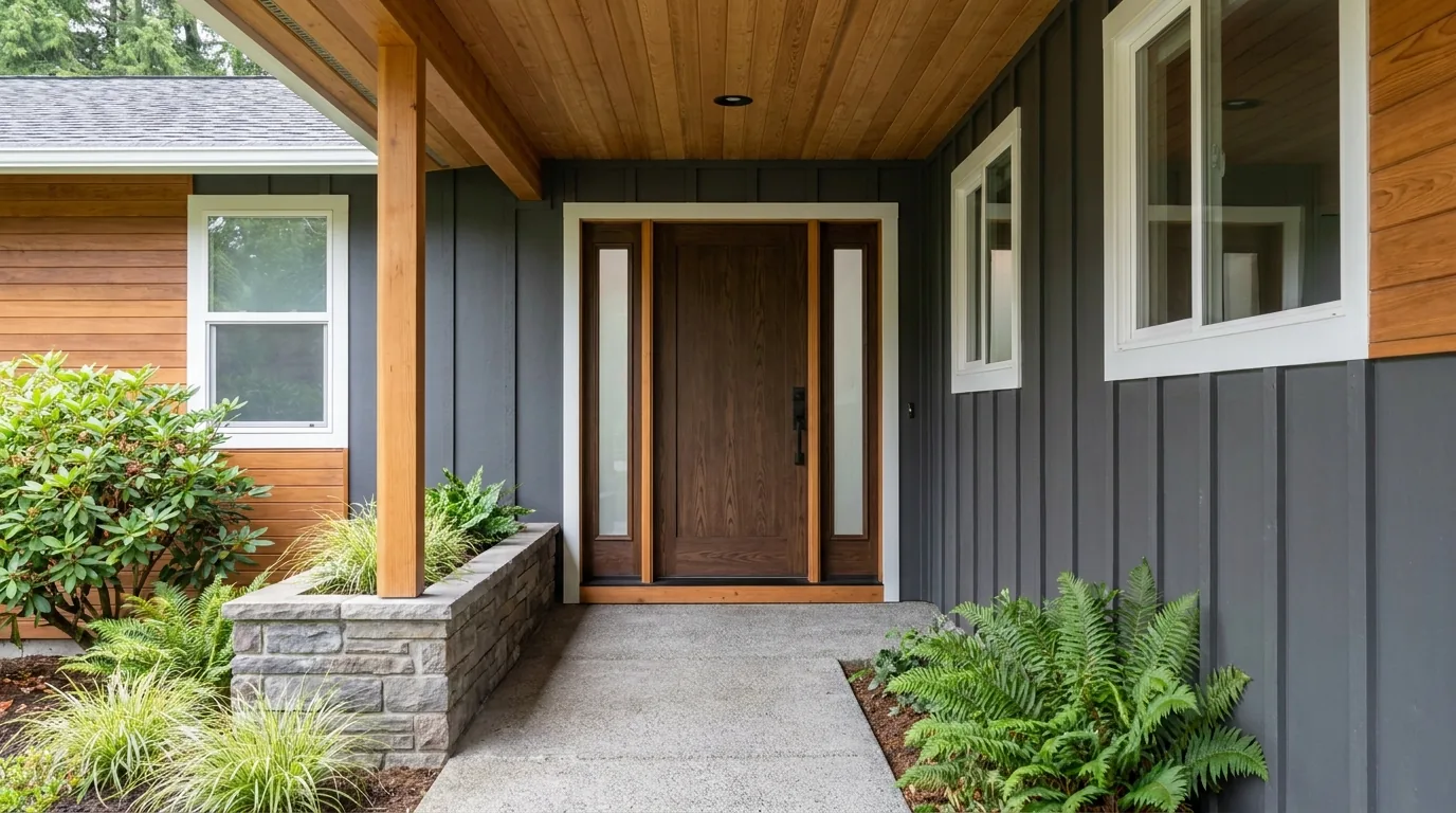 A new fiberglass entry door with sidelights under a covered porch.