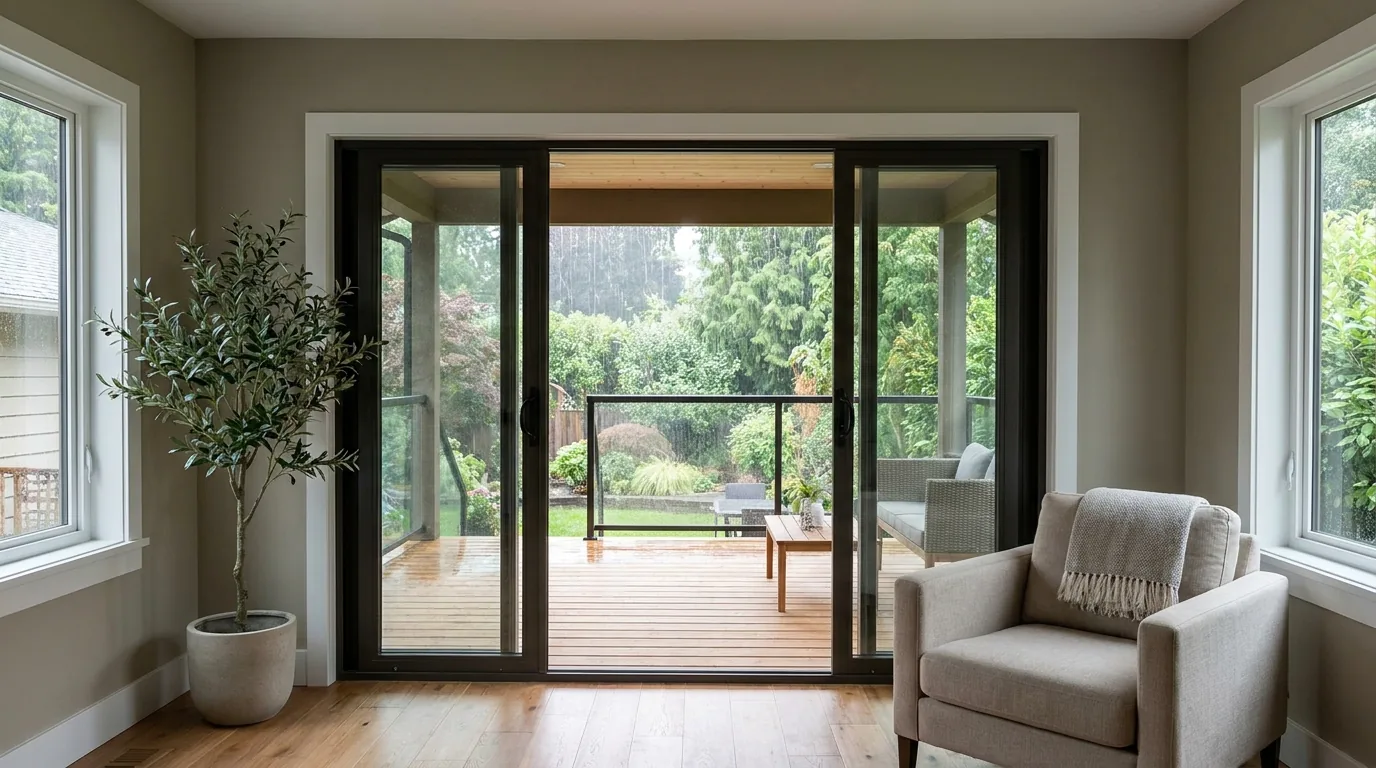 A wide fiberglass sliding patio door seen from inside a home.