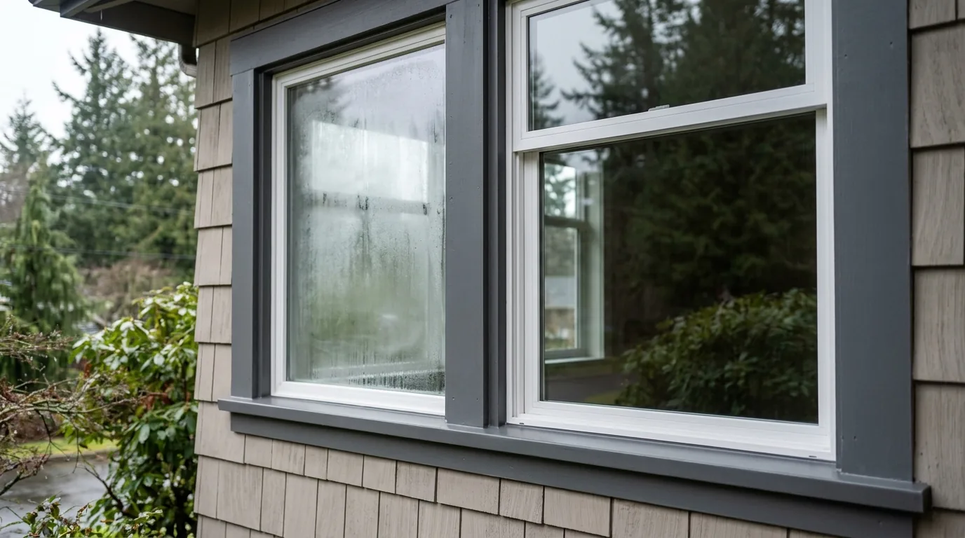 A double-pane window with fog between the panes beside a clear replaced unit.