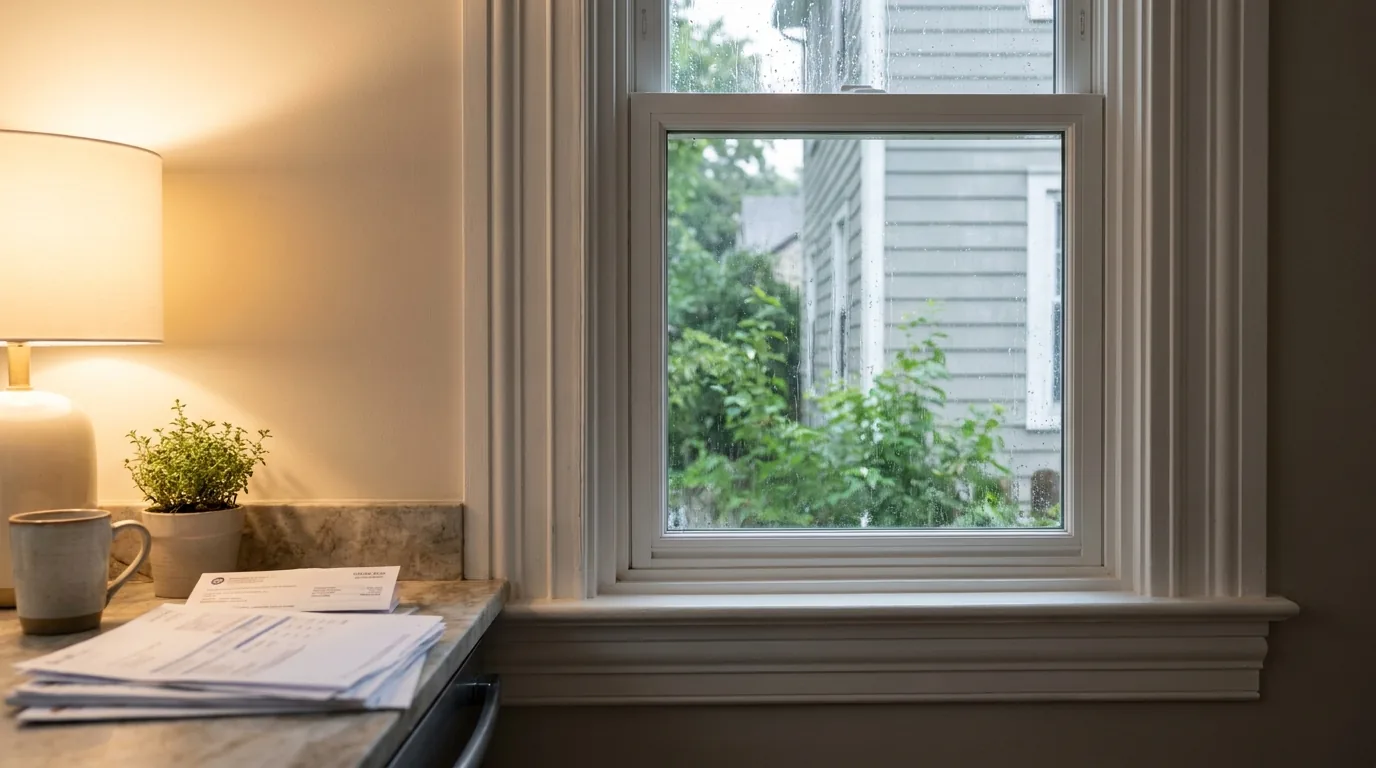 A kitchen window above a counter in warm interior light.