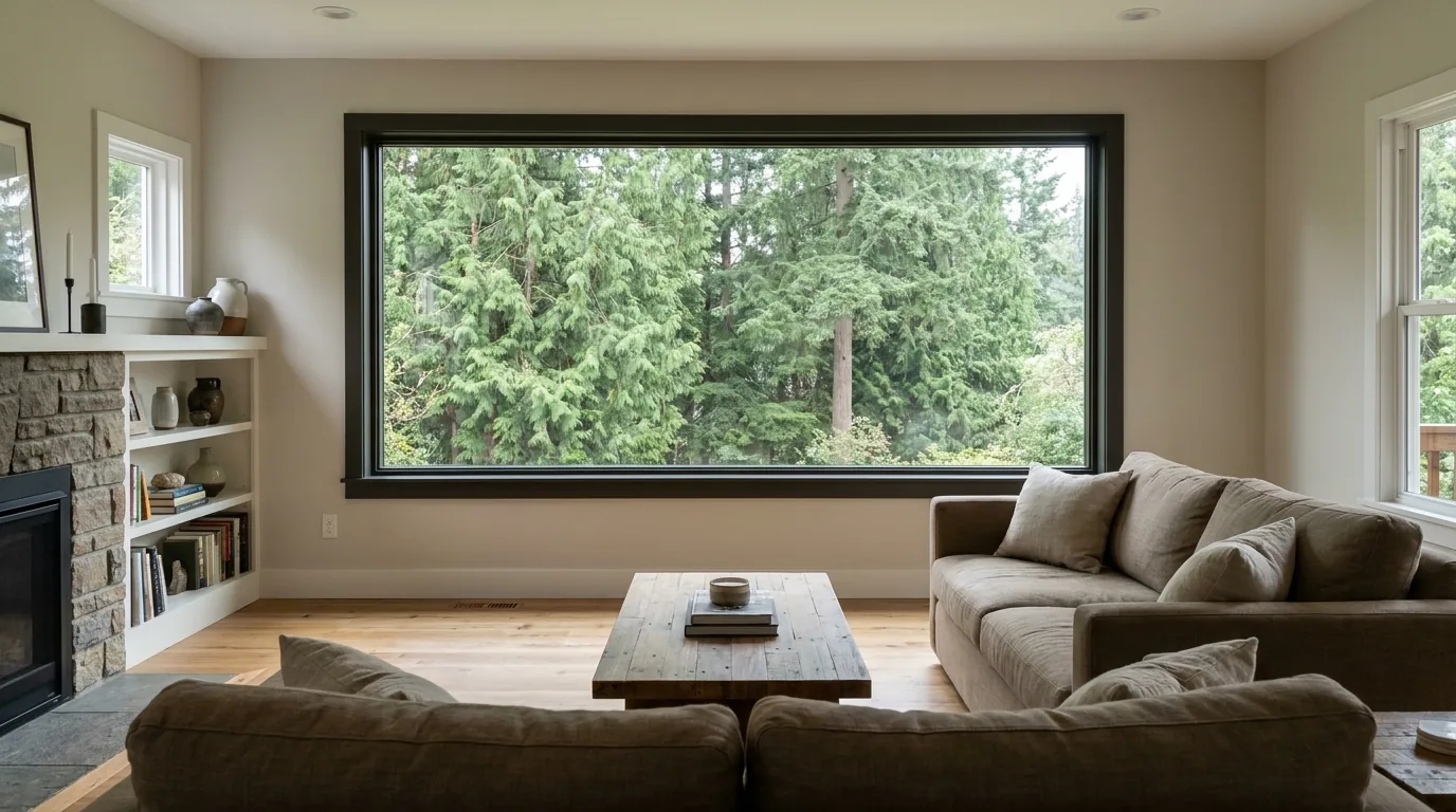 A living room with a large picture window looking onto evergreens.