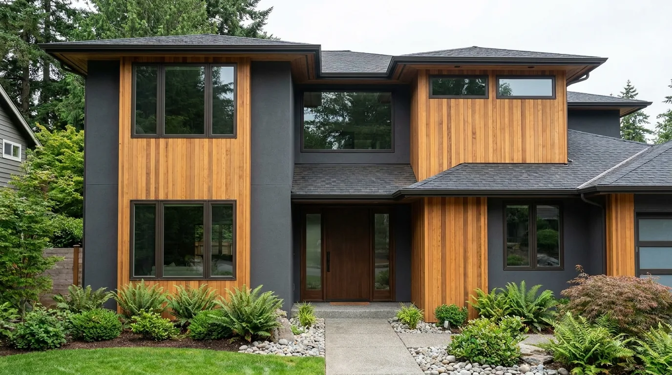 Dark bronze fiberglass casement windows on a modern home.