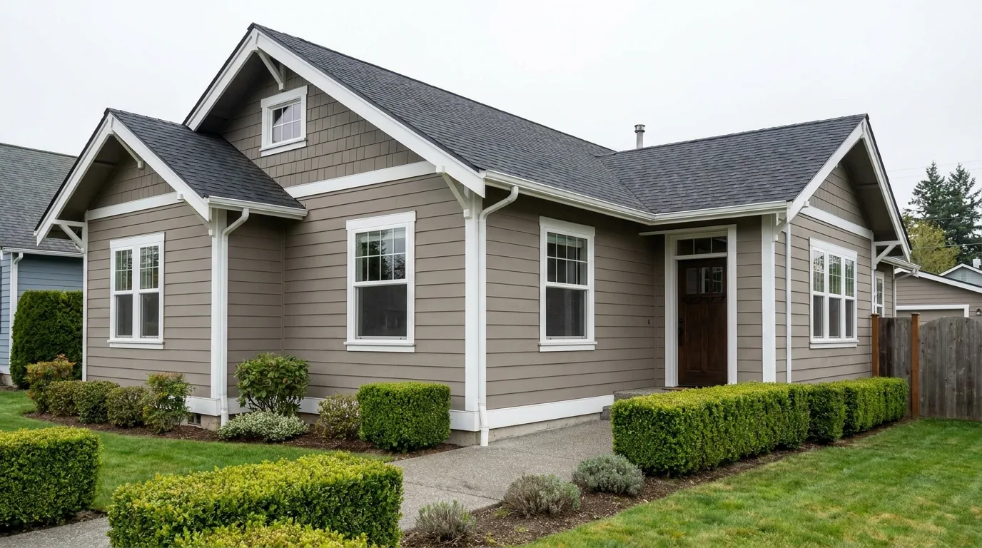 White vinyl sliding windows on a gray lap-sided home.